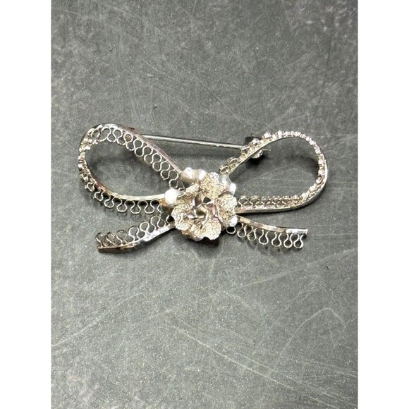 Star-Art Jewelry - Vintage 925 Sterling Silver Star-Art Rose Filigree Bow Dress Pin Brooch New York